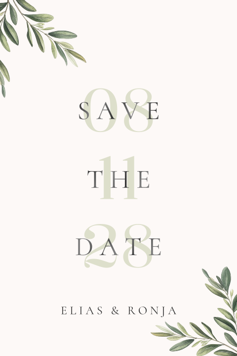 Botanische Save the Date Karte mit Olivenzweigen und Datum