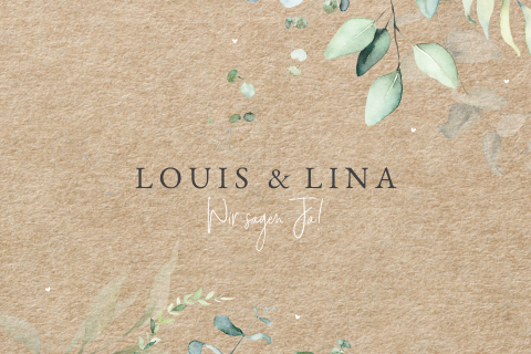 Stilvolle Hochzeitseinladung mit Eukalyptuszweigen im Kraft-Look