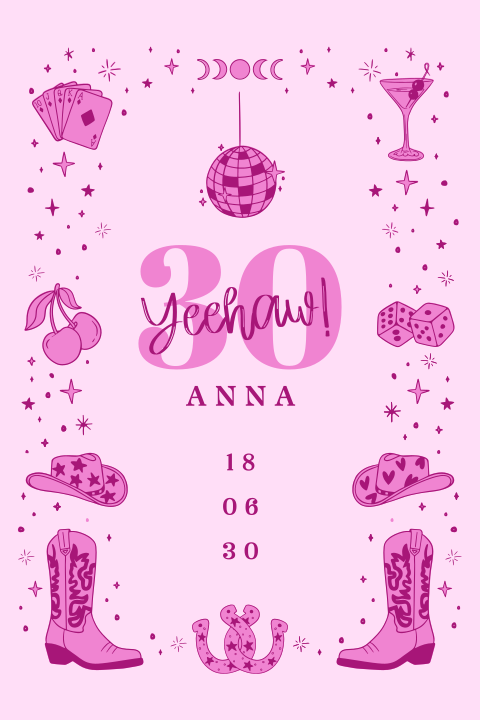 Verspielte Geburtstagseinladung 30 Dinner in Pink im Cowboy-Motto