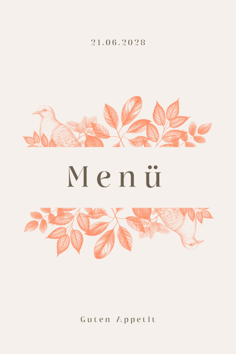 Farbenfrohe Menükarte zur Hochzeit mit Blättern und Tauben