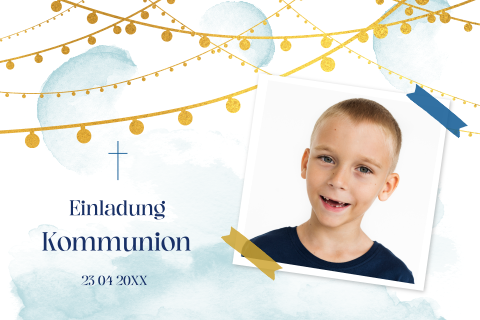 Einladungskarte zur Kommunion mit Foto, Lichterketten und Kreuz