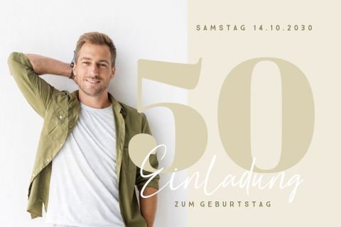 Stilvolle Einladung zum 50. Geburtstag in Pastellgrün mit Foto