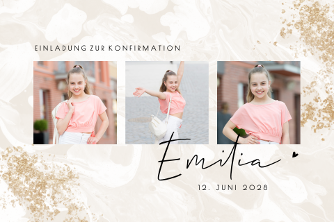 Verspielte Einladung zur Konfirmation mit Fotos und Goldspritzern