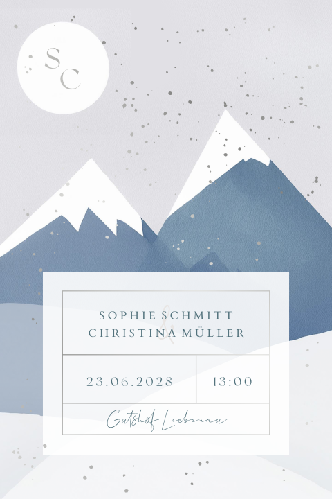 Hochzeitskarte im Winterlook mit Schneeflocken Bergen