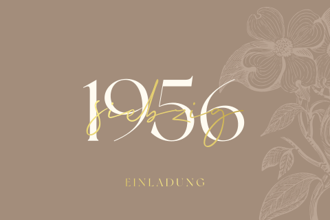 Geburtstagseinladung in Braun mit weißer Blume und Geburtsjahr