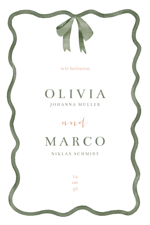 Hochzeitseinladung in Weiß mit grünem, welligen Rand und Schleife