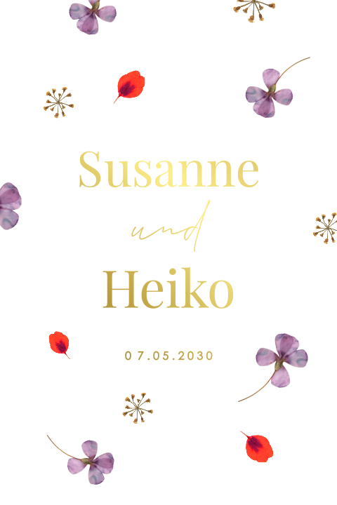 Hochzeitseinladung mit gepressten Blüten und Goldfolie