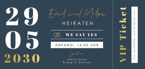 Schicke Hochzeitseinladung in Blau-Gold in Ticketform VIP