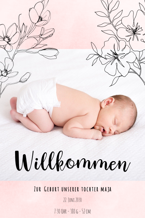 Rosa Geburtskarte mit feinen Blütenmotiven