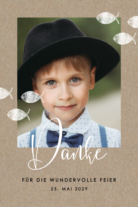 Kraftlook Dankeskarte Kommunion mit Foto und Fischen