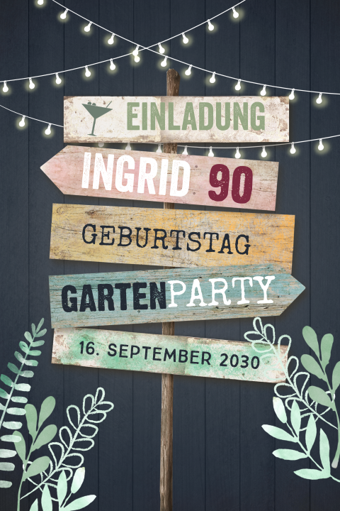 Einladung zum 90. Geburtstag mit Wegweiser und Lichterkette