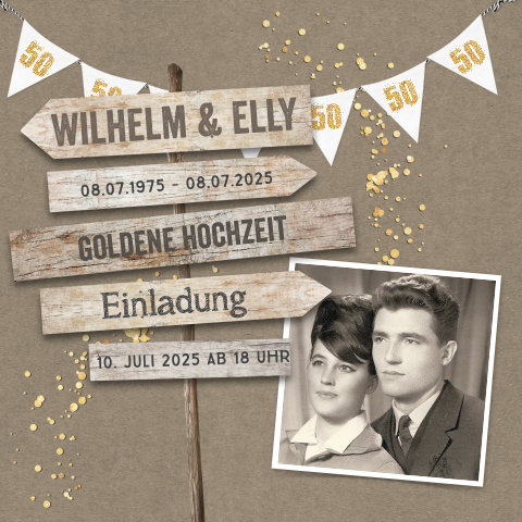 Einladung zur goldenen Hochzeit mit Wegweiser und Foto
