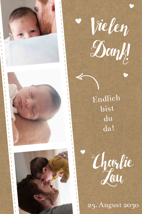 Dankeskarte zur Geburt mit Fotostreifen im Kraft Look