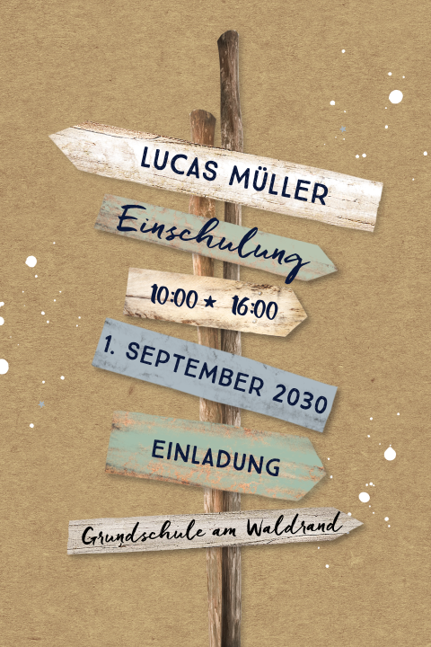 Einladung zur Einschulung im Kraft-Look mit Wegweiser