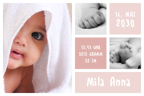 Geburtskarte mit rosafarbenen Rechtecken und Babyfotos