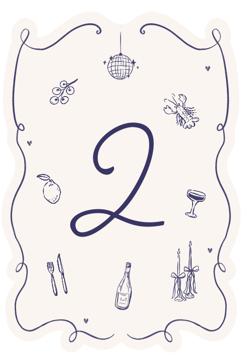 Einzigartige Tischnummer mit blauen handgezeichneten Illustrationen