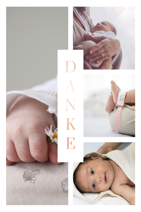 Einfache Dankeskarte zur Geburt mit Fotos und Roséfolie