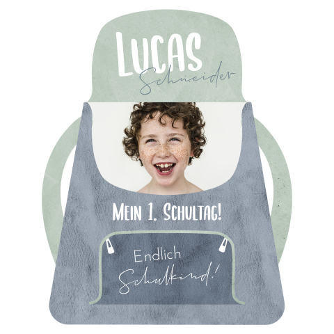 Originelle Einschulungskarte in der Form einer Schultasche, Grau