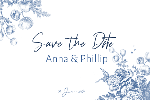 Save the date karte mit blauen Blumen