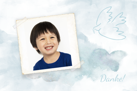 Dankeskarte Kommunion mit Foto, Taube im Aquarell-Look