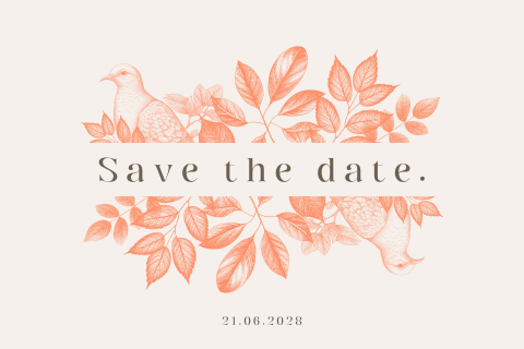 Farbenfrohe Save the Date Karte zur Hochzeit mit Blättern und Tauben