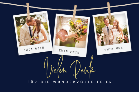 Danksagung zur Hochzeit mit Goldfolie und drei Fotos an einer Leine