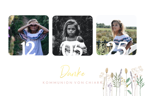 Danksagungskarte zur Kommunion mit Feldblumen, drei Fotos und Datum