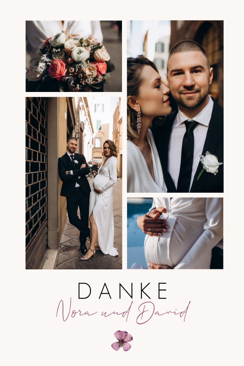 Dankeskarte Hochzeit mit Veilchen und Fotocollage
