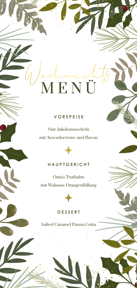 Weihnachtsmenü-Karte mit Zweigen