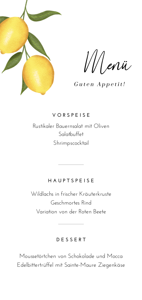 Menükarte mit abgerundeten Ecken und Zitronen