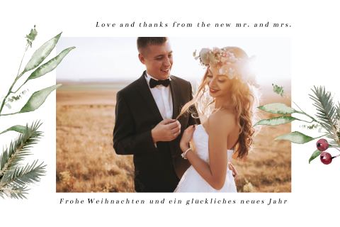 Weihnachtszeit-Dankeskarte Hochzeit mit Foto- und Aquarellzweigen