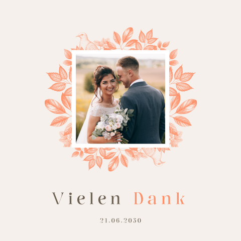 Farbenfrohe Dankeskarte zur Hochzeit mit Blättern und Tauben