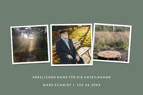 Danksagung Trauerkarte mit drei persönlichen Bildern in Grün