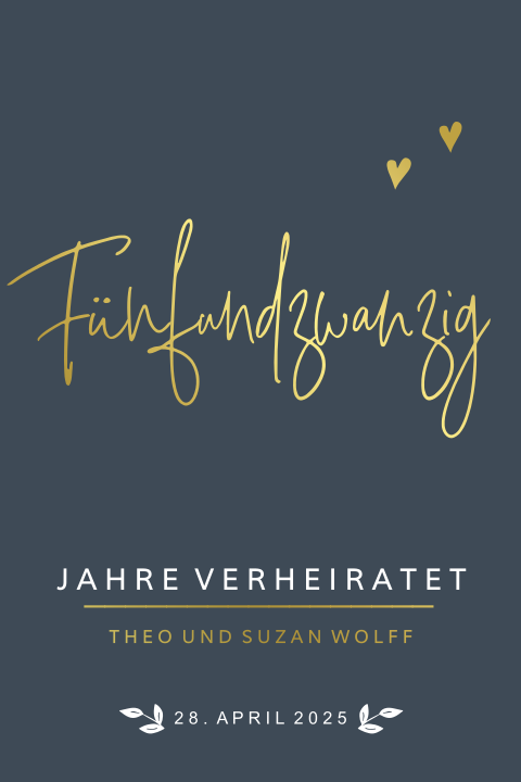 Schicke Silberhochzeitseinladung mit Herzen und toller Goldfolie