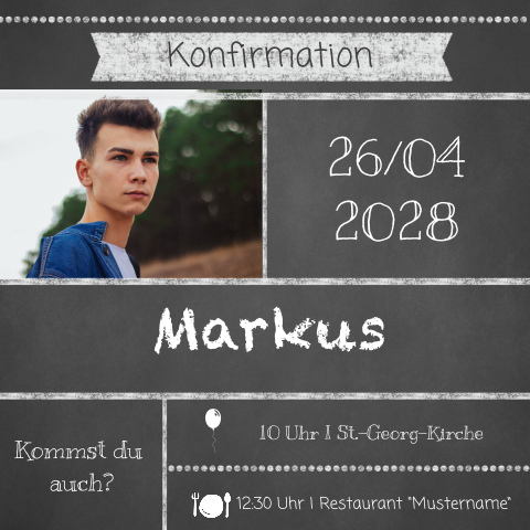 Coole Einladung zur Konfirmation im Schultafellook mit Foto