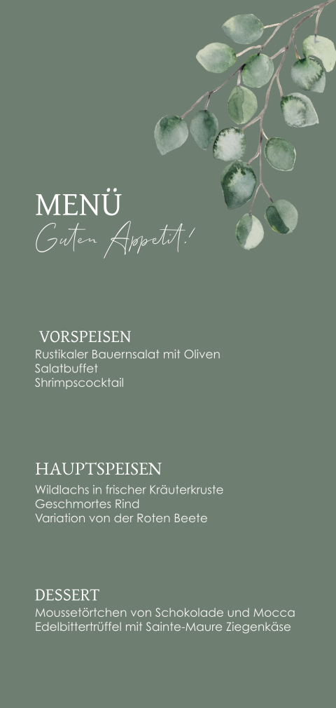 Menükarte mit Eukalyptuszweigen und grüner Hintergrund