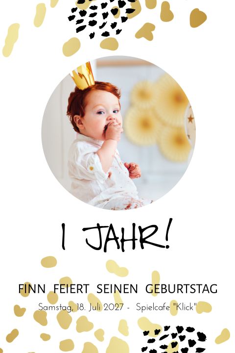 Einladung zum 1. Geburtstag mit Foto und schwarzen und beigen Tupfern