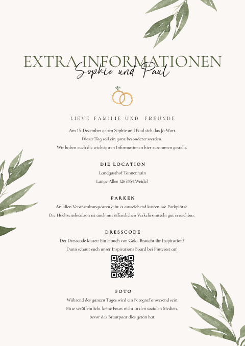 Zusatzblatt für Hochzeit mit Informationen im botanischen Stil