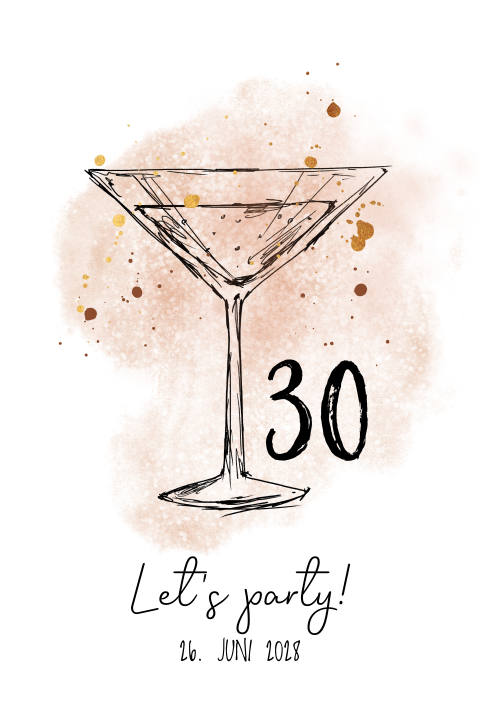 Hübsche Geburtstagseinladung zum 30 mit Aquarell und Goldspritzern