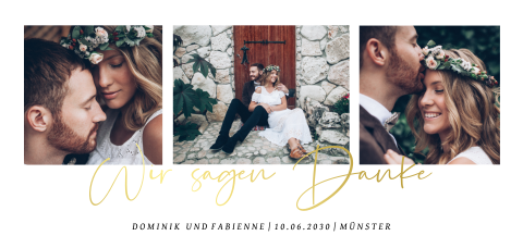 Dankeskarte zur Hochzeit mit drei Bildern und Goldfolienschrift