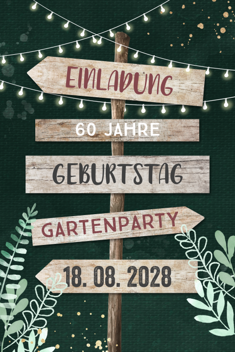 Doppelseitige Einladung zum 60 Geburtstag Wegweiser und Lichterkette