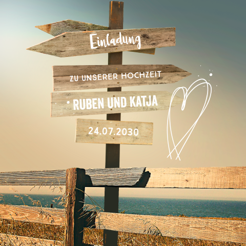 Einzigartige Hochzeitseinladung mit Strandwegweiser