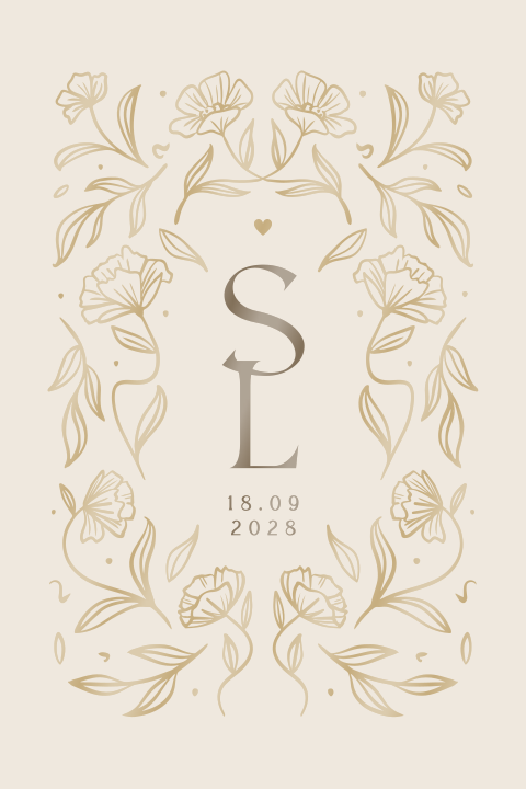 Hochzeitseinladung in Beige mit eleganten Blumen und Blätterkranz