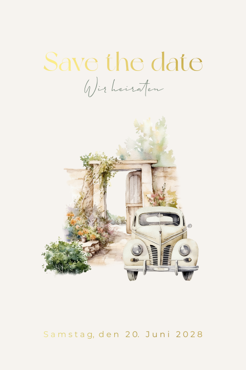 Save the Date Karte zur Hochzeit mit Torbogen und klassischem Auto