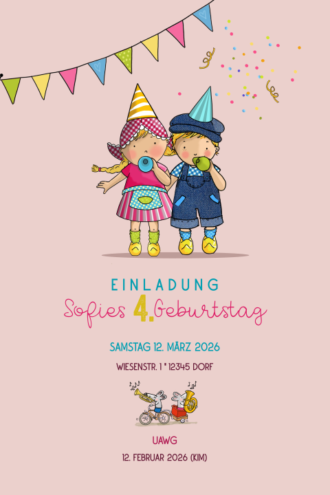 Rosa Einladung zum Kindergeburtstag mit Kindern und Wimpeln