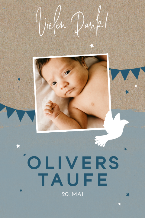 Moderne Dankeskarte zur Taufe mit Girlanden und Foto im Kraftlook