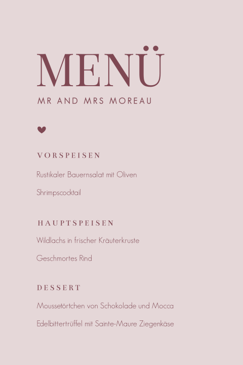 Rosa Speisekarte mit großen Initialen