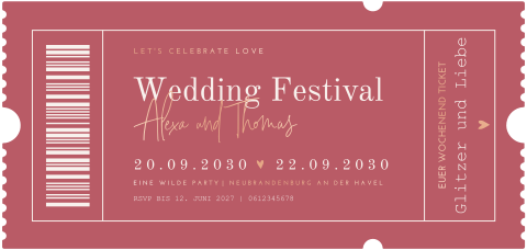 Einladungskarte Hochzeit zum Einstecken im Ticketstil