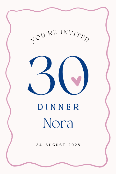 Geburtstagseinladung 30 Dinner mit abgerundeten Ecken und rosa Rahmen
