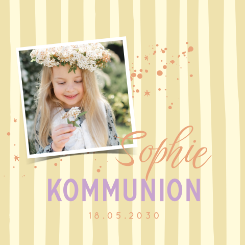 Einladung zur Kommunion mit gelben Streifen und Foto